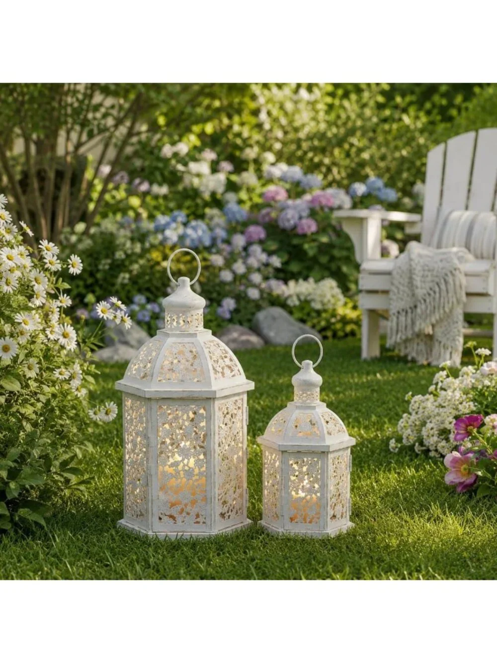 Set of 2 White Metal Lanterns - Decorative Candle Holders for Indoor & Outdoor